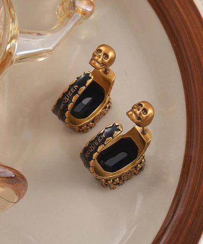 Gold Copper Overgild Gem Stone Skull Hoop Earrings