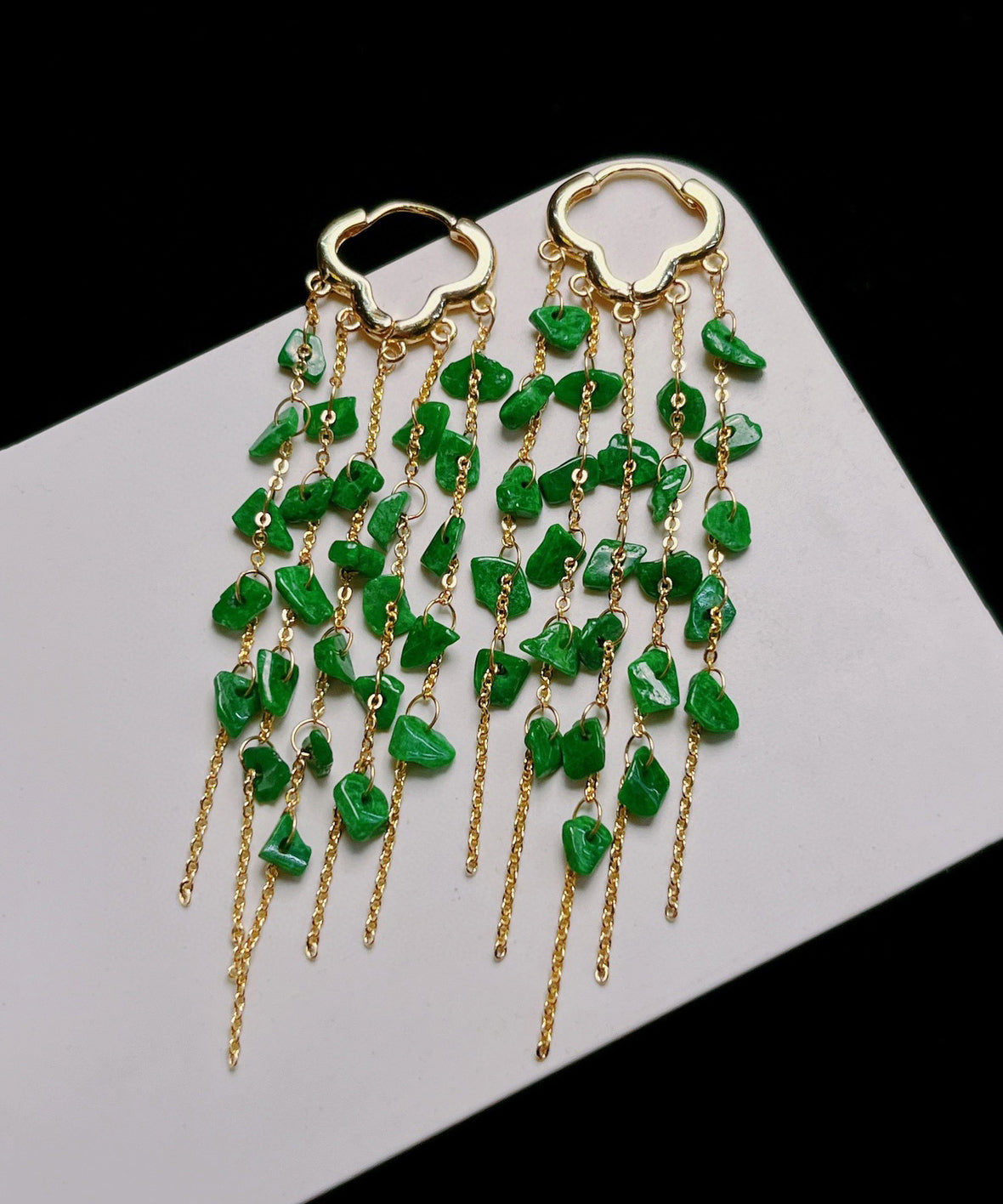 Green Sterling Silver 14k Gold Jade Tassel Drop Earrings Kx1003