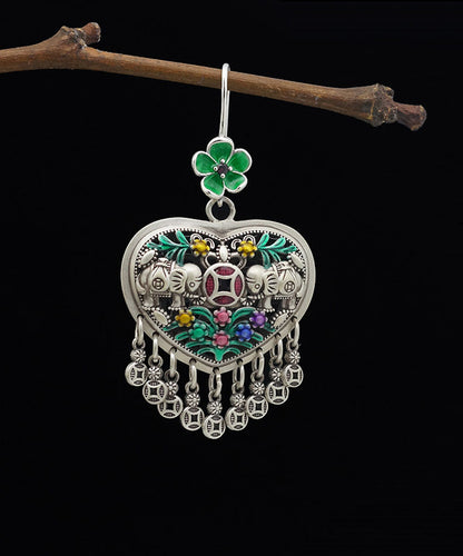 Green Sterling Silver Heart Tassel Drop Earrings