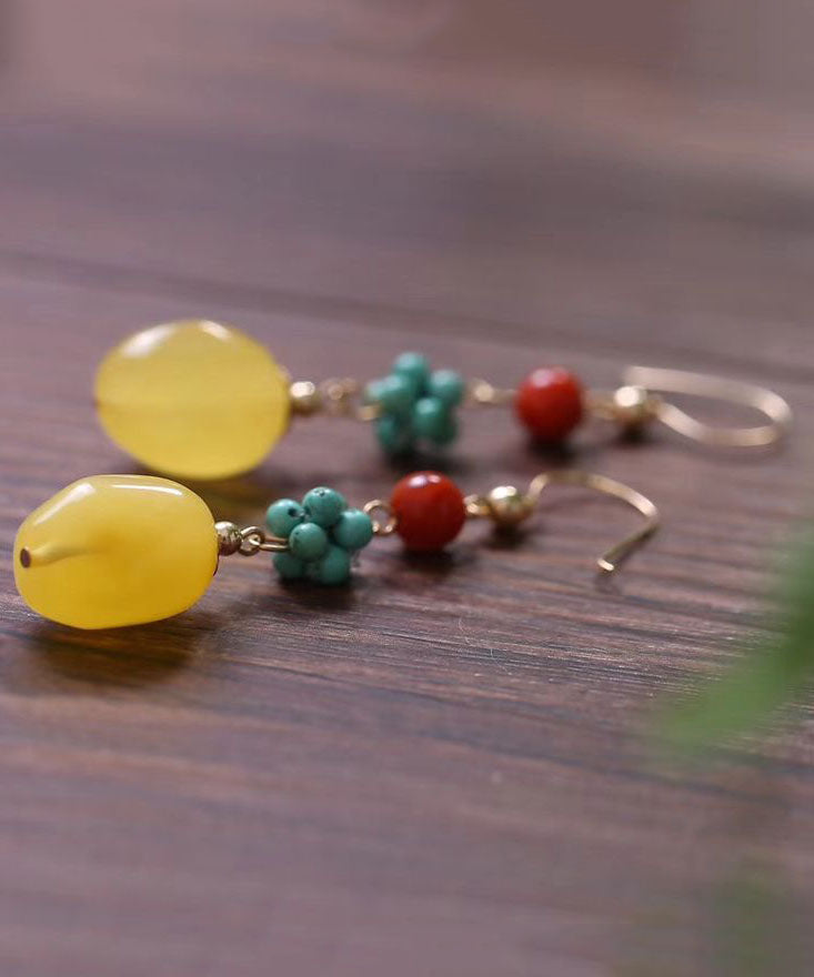 Multi 14k Gold Turquoise Agate Amber Honey Wax Drop Earrings