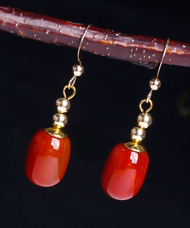 Red 14k Gold Agate Bucket Beads Drop Earrings