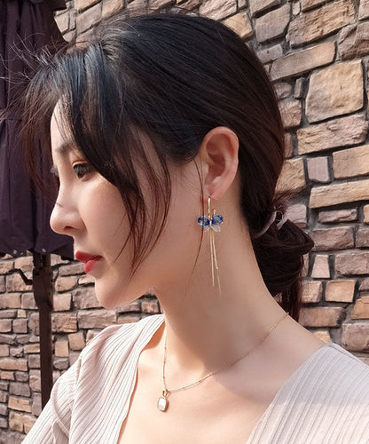Blue Alloy Zircon Butterfly Tassel Drop Earrings
