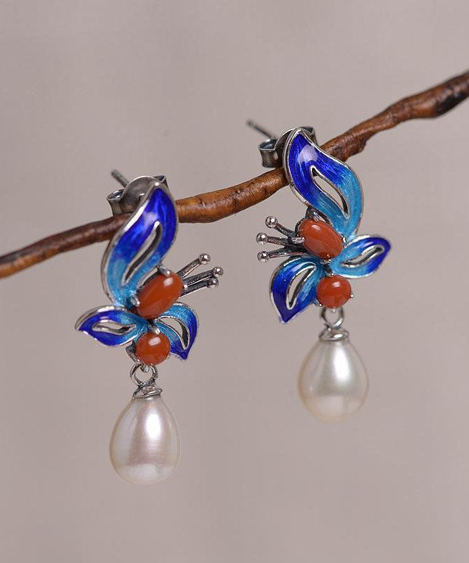 Blue Sterling Silver Cloisonne Jade Pearl Butterfly Stud Earrings Tw1052