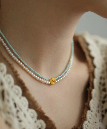 Colorblock Alloy Turquoise Pearl Double Layer Beading Gratuated Bead Necklace Wo001