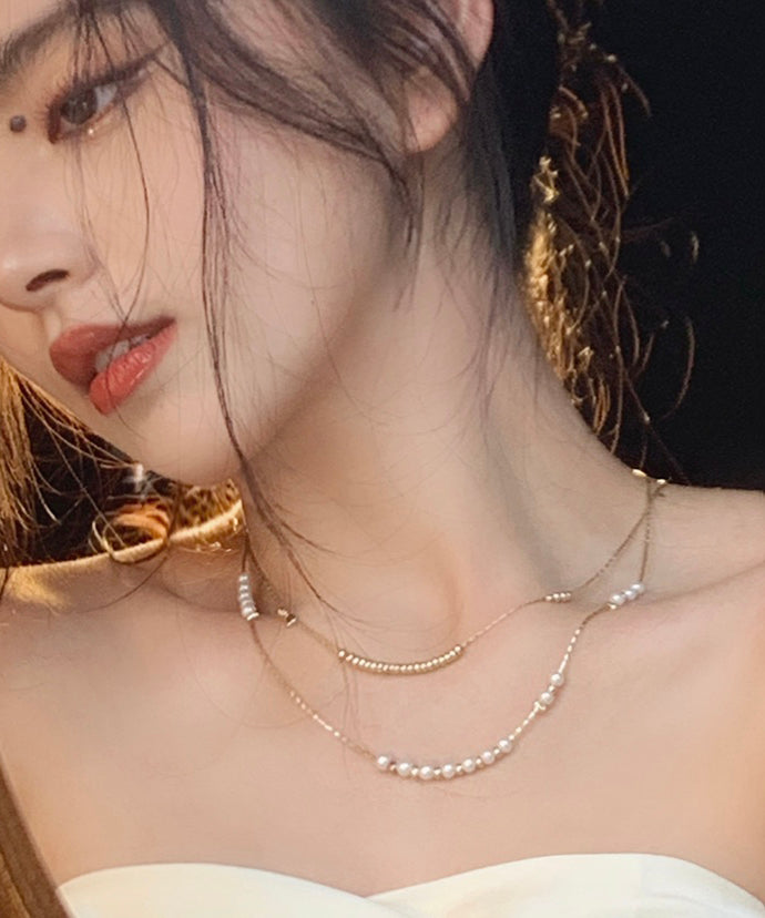 Gold Silk Yarn Multilayer Pearl Tassel Necklace