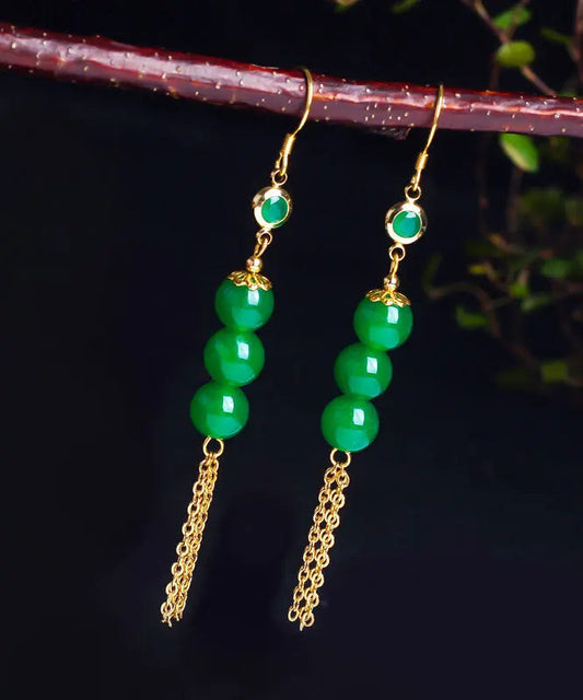 Sterling Silver Overgild 14k Gold Jade Tassel Drop Earrings