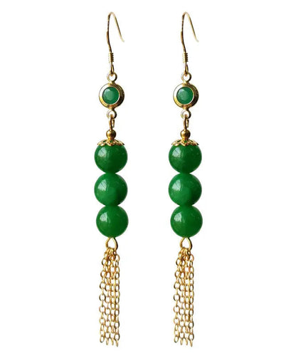 Sterling Silver Overgild 14k Gold Jade Tassel Drop Earrings
