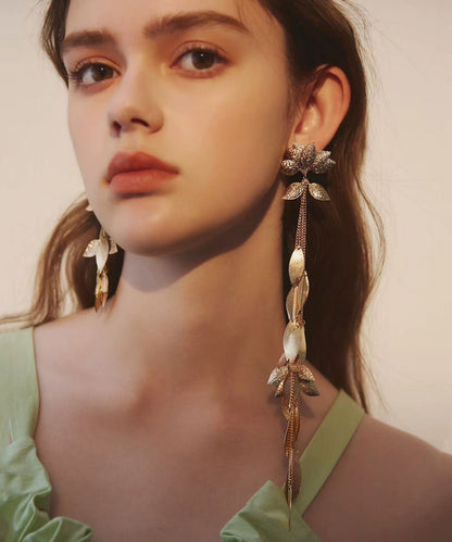 Low High Design Leaf Tasseled Metal Drop Earrings