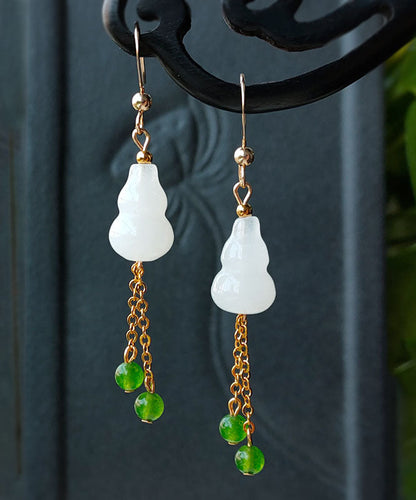 White 14k Gold Jade Gourd Gem Stone Tassel Drop Earrings