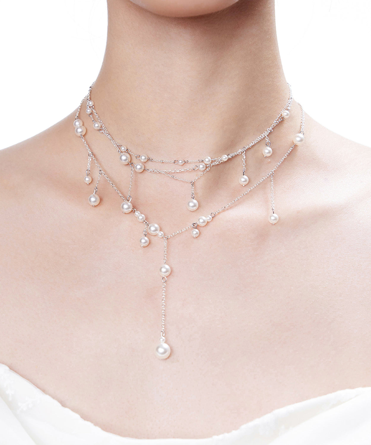 White Pyered Pearl Tassel Multi Layered Silver Necklace