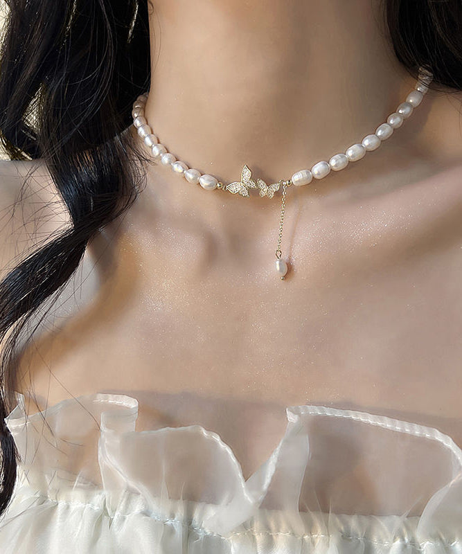 White Sterling Silver Alloy Zircon Butterfly Pearl Lariat Necklace Wf023