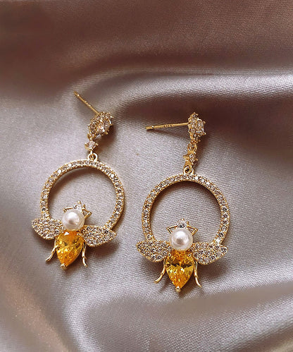 Yellow Alloy Crystal Zircon Bee Hoop Earrings Ly1800