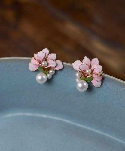 Chinese Styl Pink Sterling Silver Overgild Pearl Stud Earrings