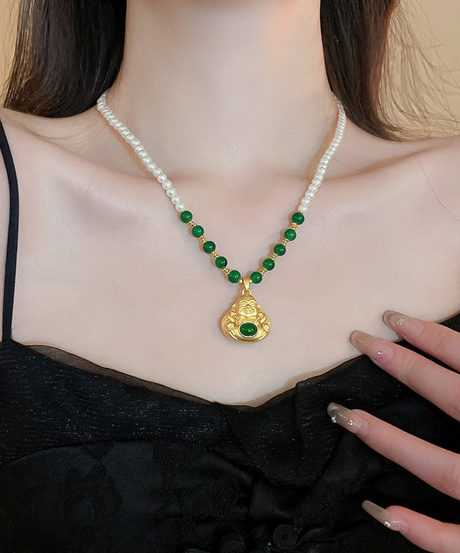 Chinese Style Colorblock Copper Alloy Pearl Buddha Statue Pendant Necklace Yi045