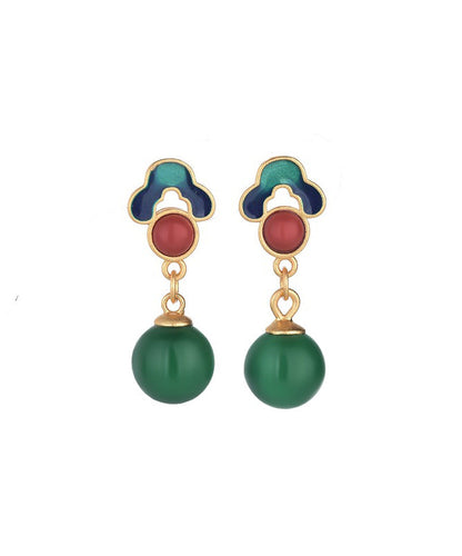 Chinese Style Green Ancient Gold Chalcedony Drop Earrings