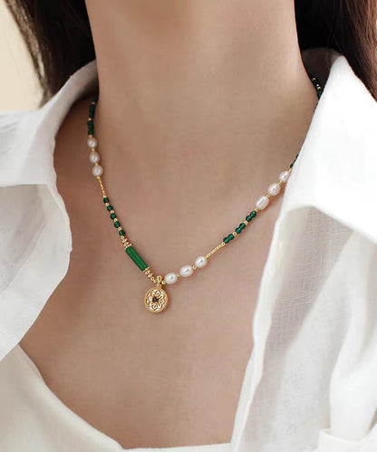 Chinese Style Green Copper Alloy Crystal Patchwork Beading Pendant Necklace
