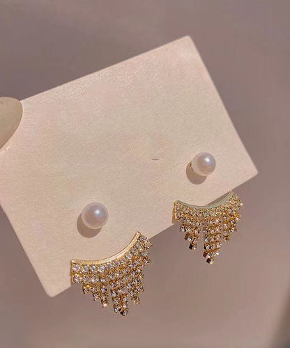 Classy Gold Sterling Silver Zircon Pearl Tasseldrop Earrings