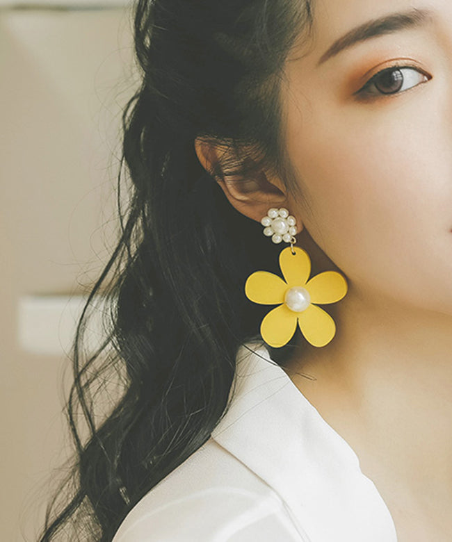 Classy Yellow Daisy Pearl Drop Earrings