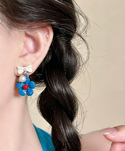 Blue Copper Dripping Glaze Bow Drop Earrings