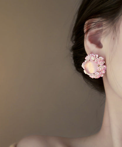 Pink Alloy Inlaid Cat Eye Stone Stud Earrings