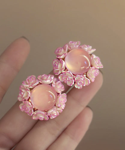 Pink Alloy Inlaid Cat Eye Stone Stud Earrings