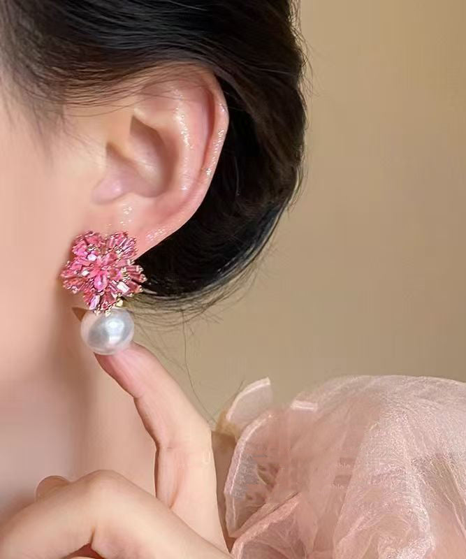 Pink Copper Zircon Pearl Drop Earrings