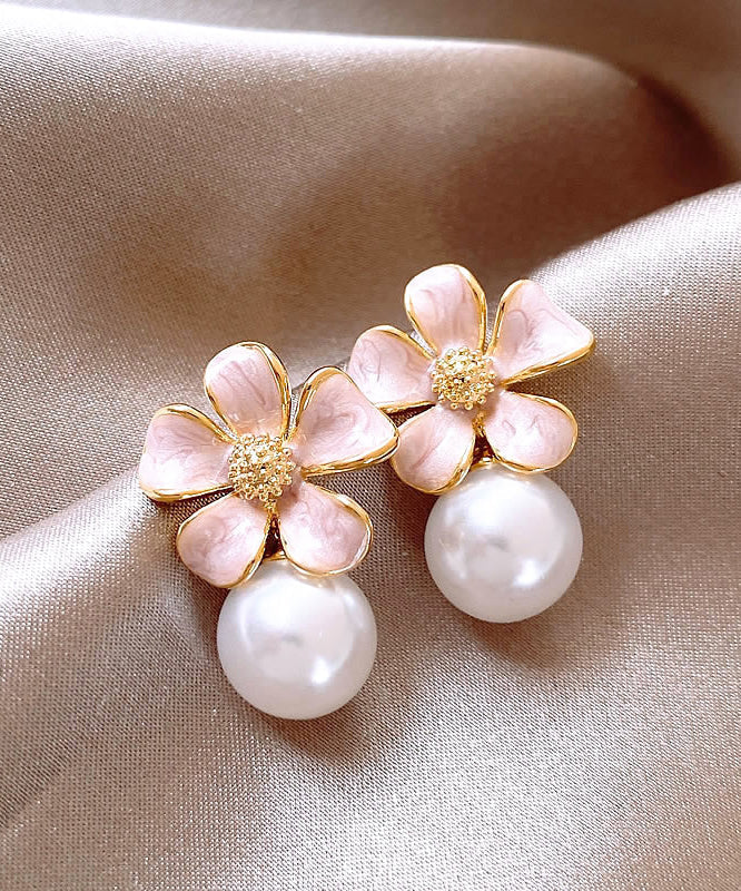 Pink Metal Alloy Pearl Drip Glaze Stud Earrings