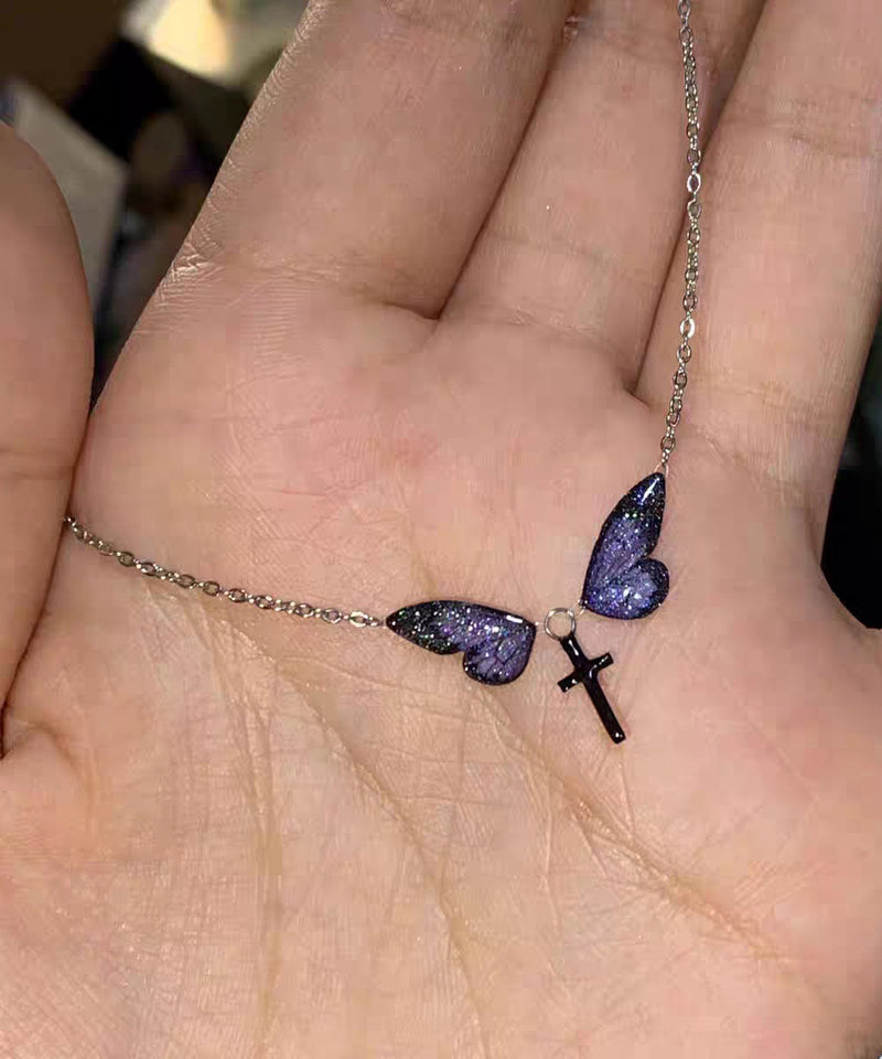 Purple Silver Alloy Zircon Butterfly Cross Pendant Necklace