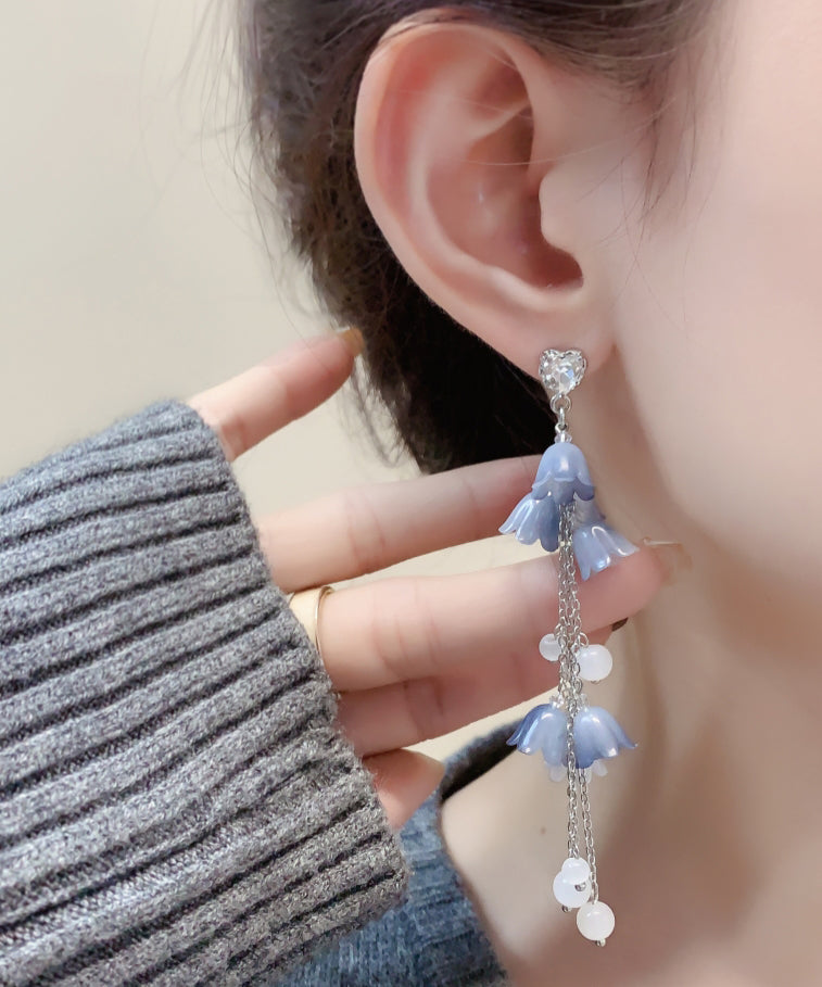 Diy Blue Sterling Silver Zircon Pearl Tassel Drop Earrings Kx1084