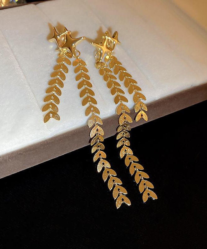 Diy Gold Copper Four Pointed Star Wheat Ears Tassel Drop Earrings