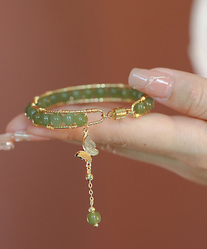 Diy Green Copper Overgild Jade Butterfly Tassel Charm Bracelet Gh1018