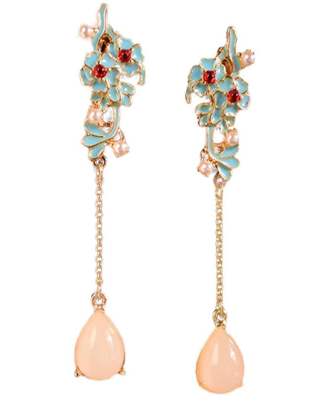 Diy Pink Alloy Oil Drip Resin Pearl Tassel Drop Earrings