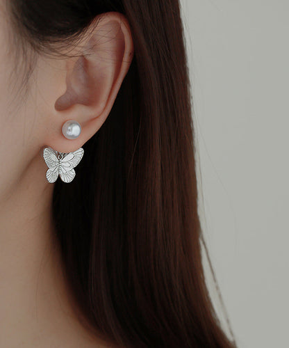 Diy Silk Copper Overgild Pearl Butterfly Stud Earrings