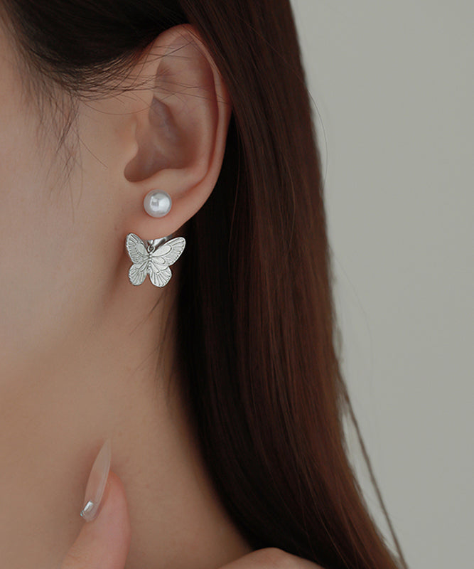 Diy Silk Copper Overgild Pearl Butterfly Stud Earrings