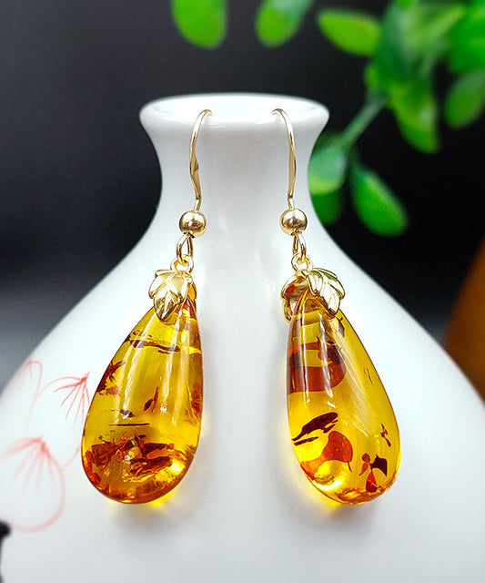 Diy Yellow 14k Gold Amber Water Drop Drop Earrings Tw1038