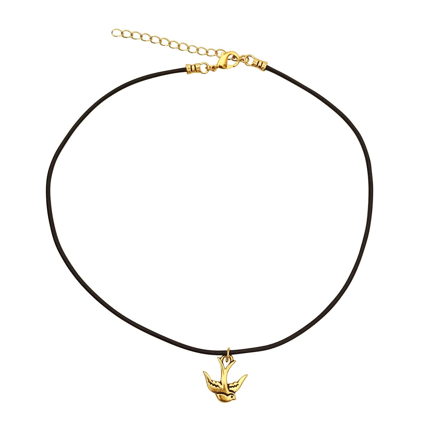 Dragonweave Swallow Bird Charm Necklace and Earring Set, Gold Plated Black Leather Choker and Leverback Earrings