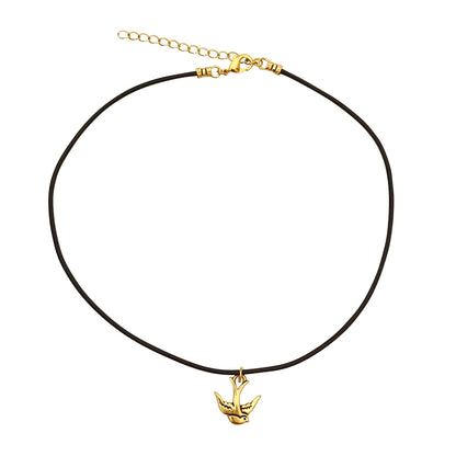 Dragonweave Swallow Bird Charm Necklace and Earring Set, Gold Plated Black Leather Choker and Leverback Earrings