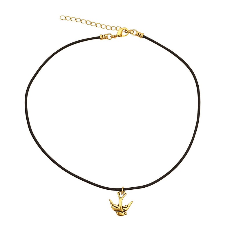 Dragonweave Swallow Bird Charm Necklace and Earring Set, Gold Plated Black Leather Choker and Leverback Earrings