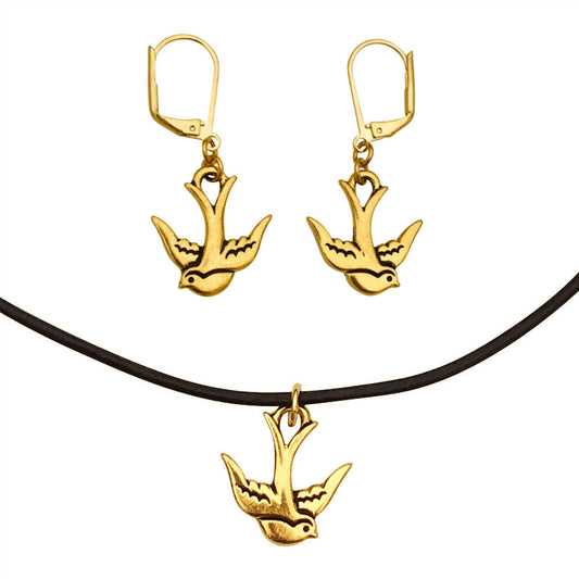 Dragonweave Swallow Bird Charm Necklace and Earring Set, Gold Plated Black Leather Choker and Leverback Earrings