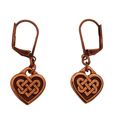 Dragonweave Celtic Heart Charm Necklace and Earring Set, Antique Copper Brown Leather Choker and Leverback Earrings