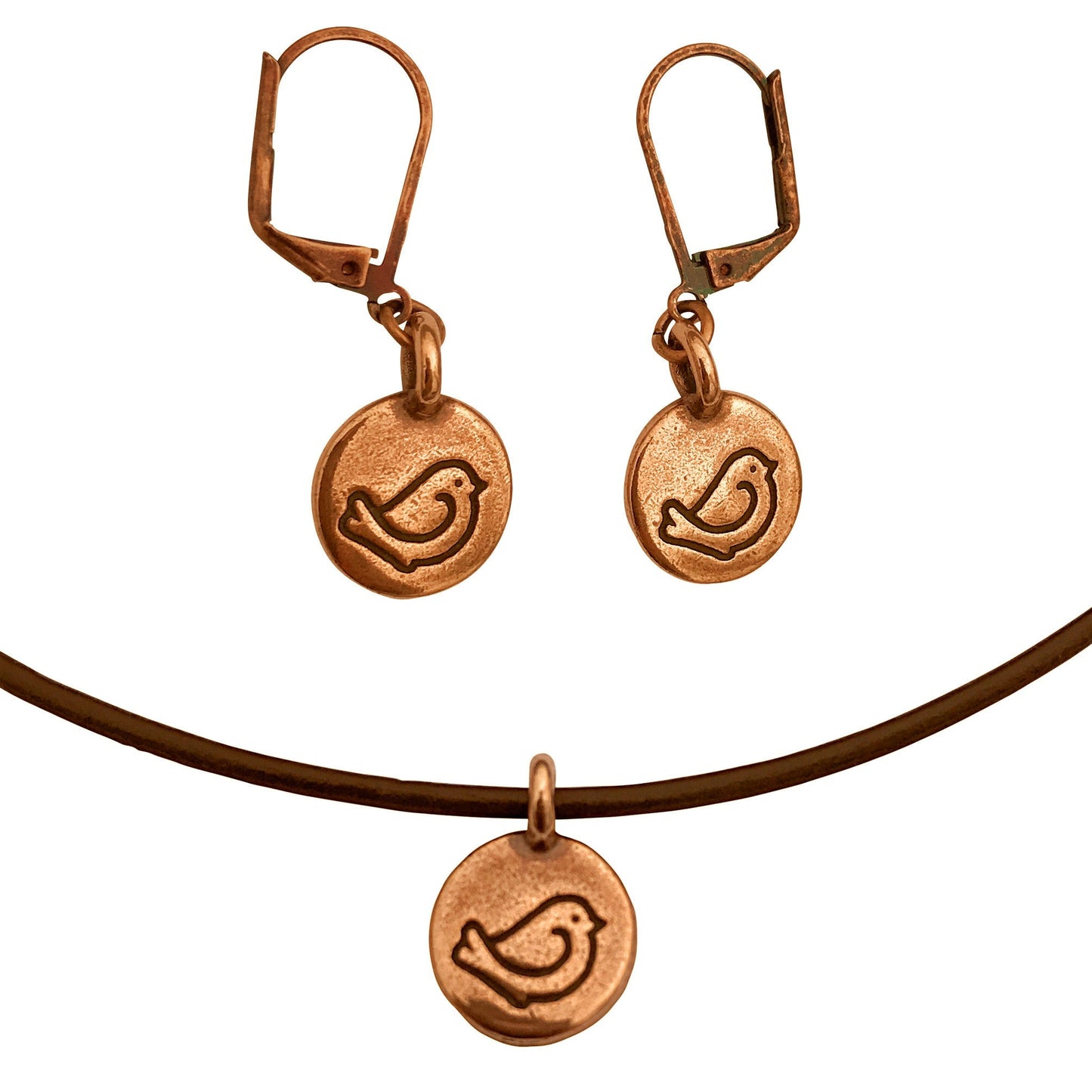 Dragonweave Bird Circle Charm Necklace and Earring Set, Antique Copper Brown Leather Choker and Leverback Earrings