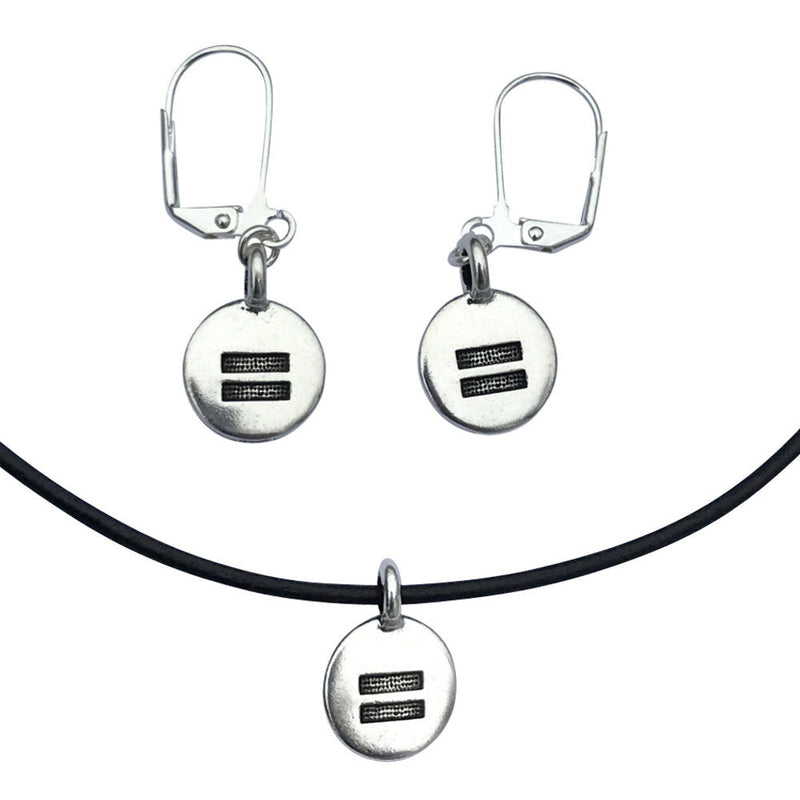 Dragonweave Equality Circle Charm Necklace and Earring Set, Silver Plated Black Leather Choker and Leverback Earrings