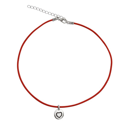 Dragonweave Heart Circle Charm Necklace and Earring Set, Silver Plated Red Leather Choker and Leverback Earrings