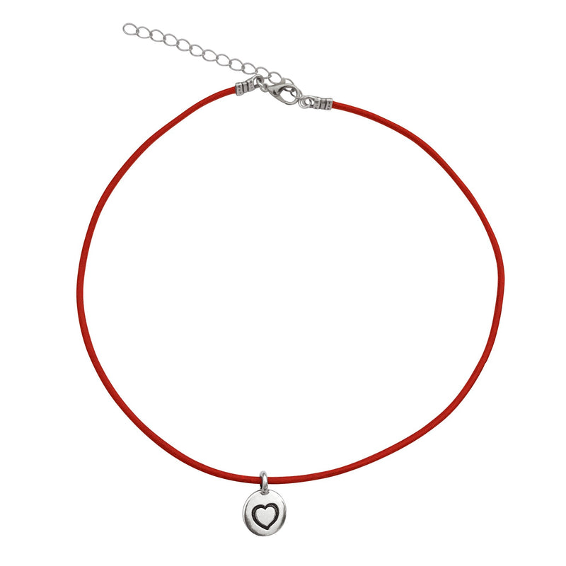 Dragonweave Heart Circle Charm Necklace and Earring Set, Silver Plated Red Leather Choker and Leverback Earrings