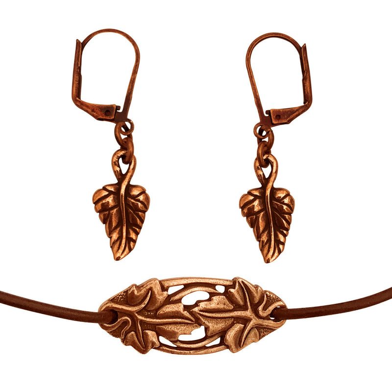 Dragonweave Elven Ivy Charm Necklace and Earring Set, Antique Copper Brown Leather Choker and Leverback Earrings