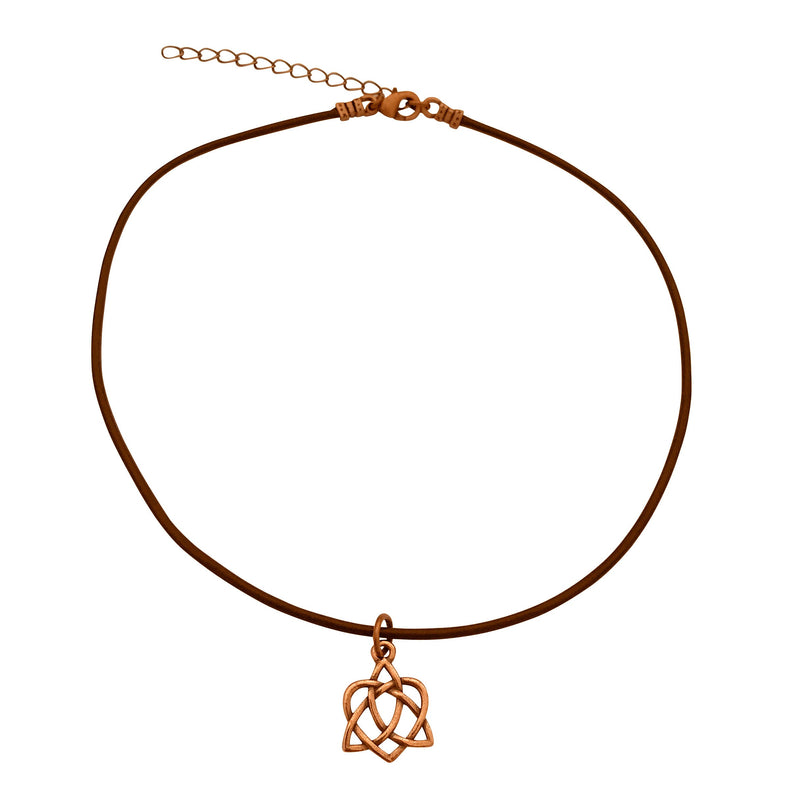 Dragonweave Celtic Heart Open Knot Charm Necklace and Earring Set, Antique Copper Brown Leather Choker and Leverback Earrings