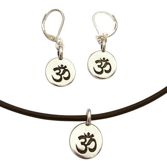 Dragonweave Om/ohm Symbol Circle Charm Necklace and Earring Set, Silver Plated Black Leather Choker and Leverback Earrings