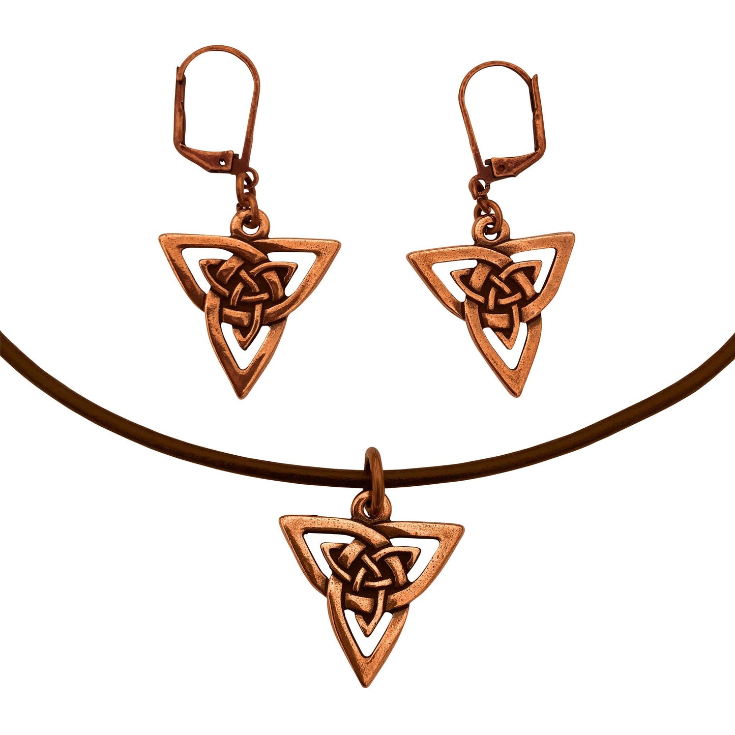 Dragonweave Celtic Trine Charm Necklace and Earring Set, Antique Copper Brown Leather Choker and Leverback Earrings