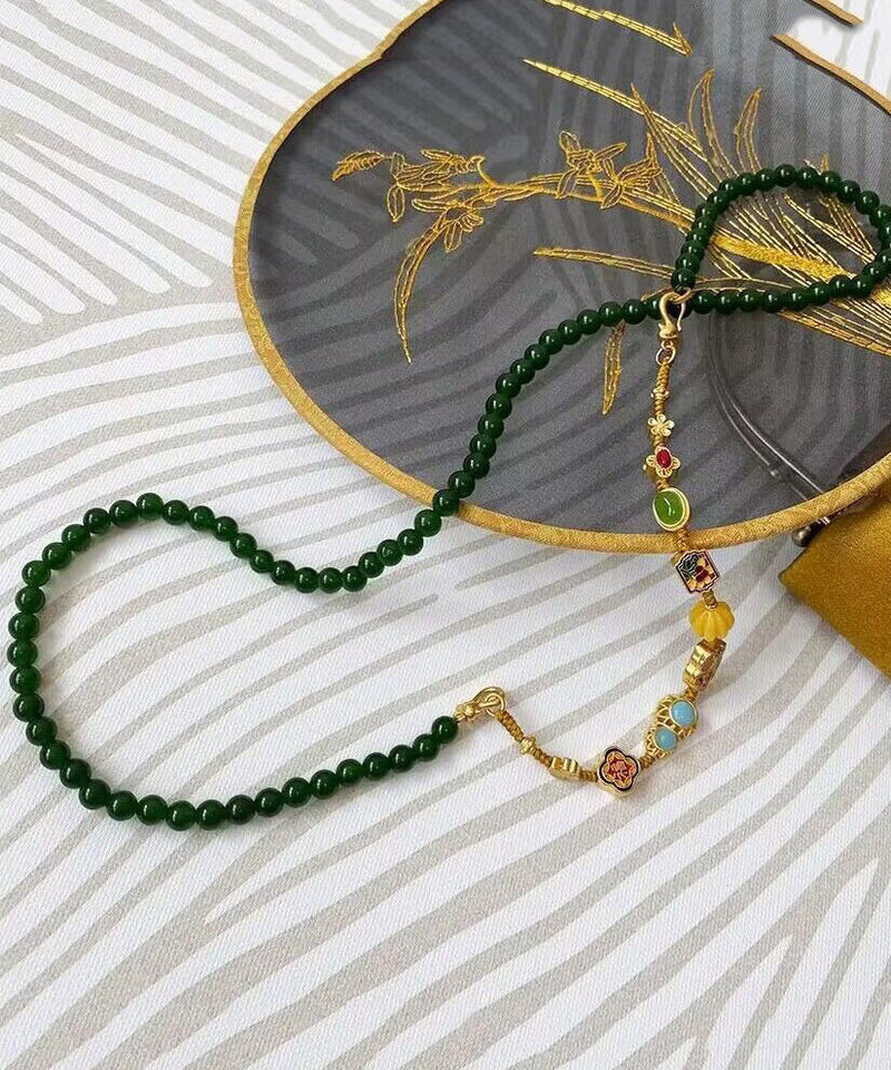 Blackish Green Jade Turquoise Cloisonne Enamel Detachable Beading Graduated Bead Necklace