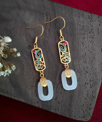 Gold Ancient Gold Jade Enamel Ping Buckle Drop Earrings